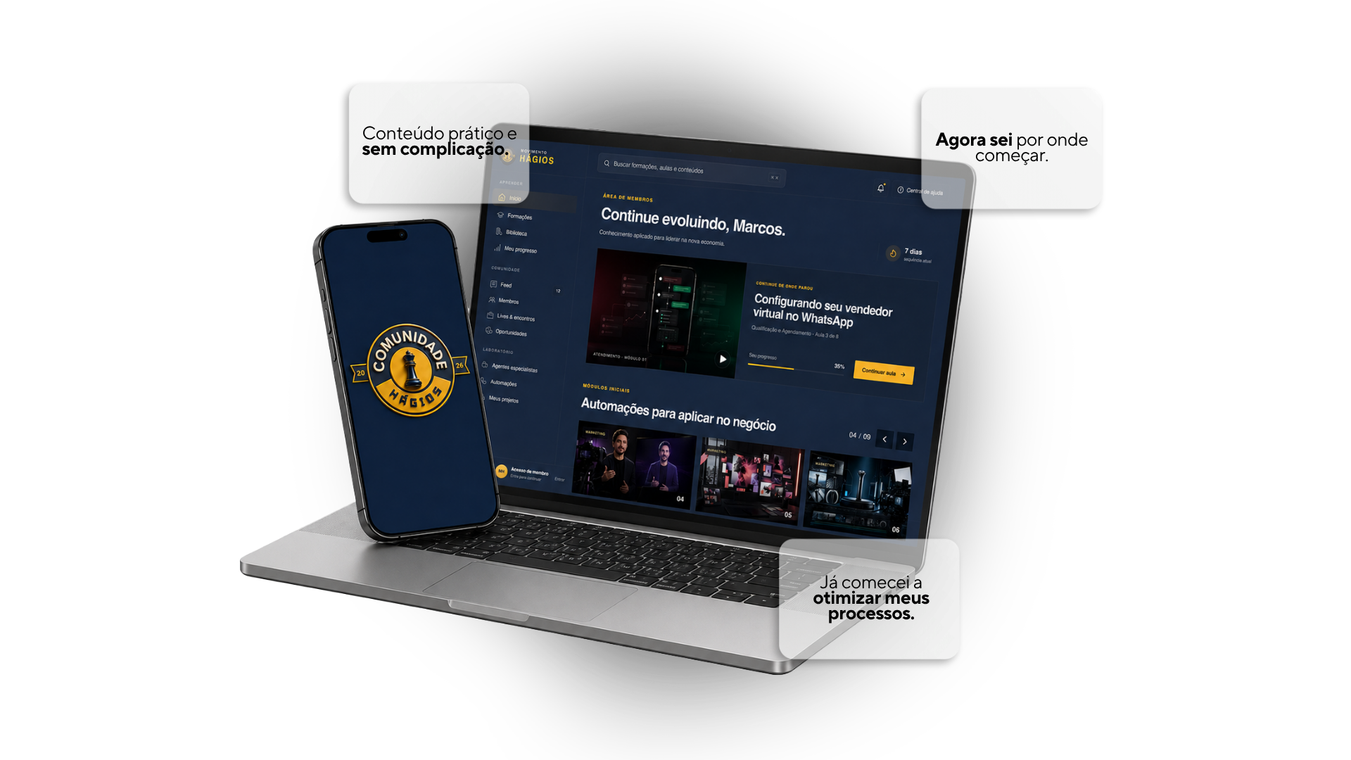 Plataforma da Comunidade Hágios exibida em notebook e celular
